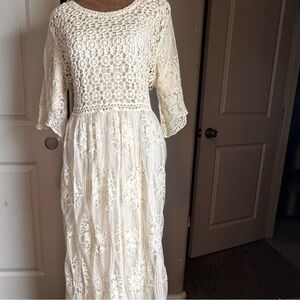 Tea n Rose Edwardian Inspired Elegant Lace and Crochet Maxi Dress in Cream,Large